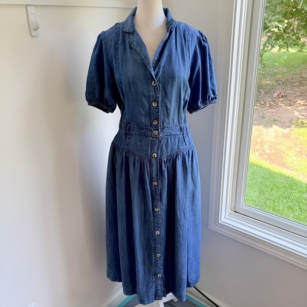 Current Air Chambray Midi Dress M Cottagecore Blue Lyocell Button Down Puff